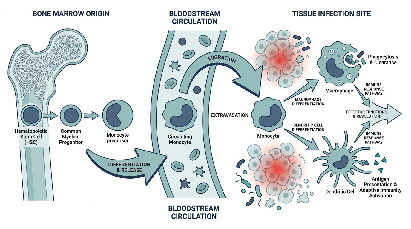 Diagram of monocyte life cycle from bone marrow to macrophage and dendritic cell differentiation