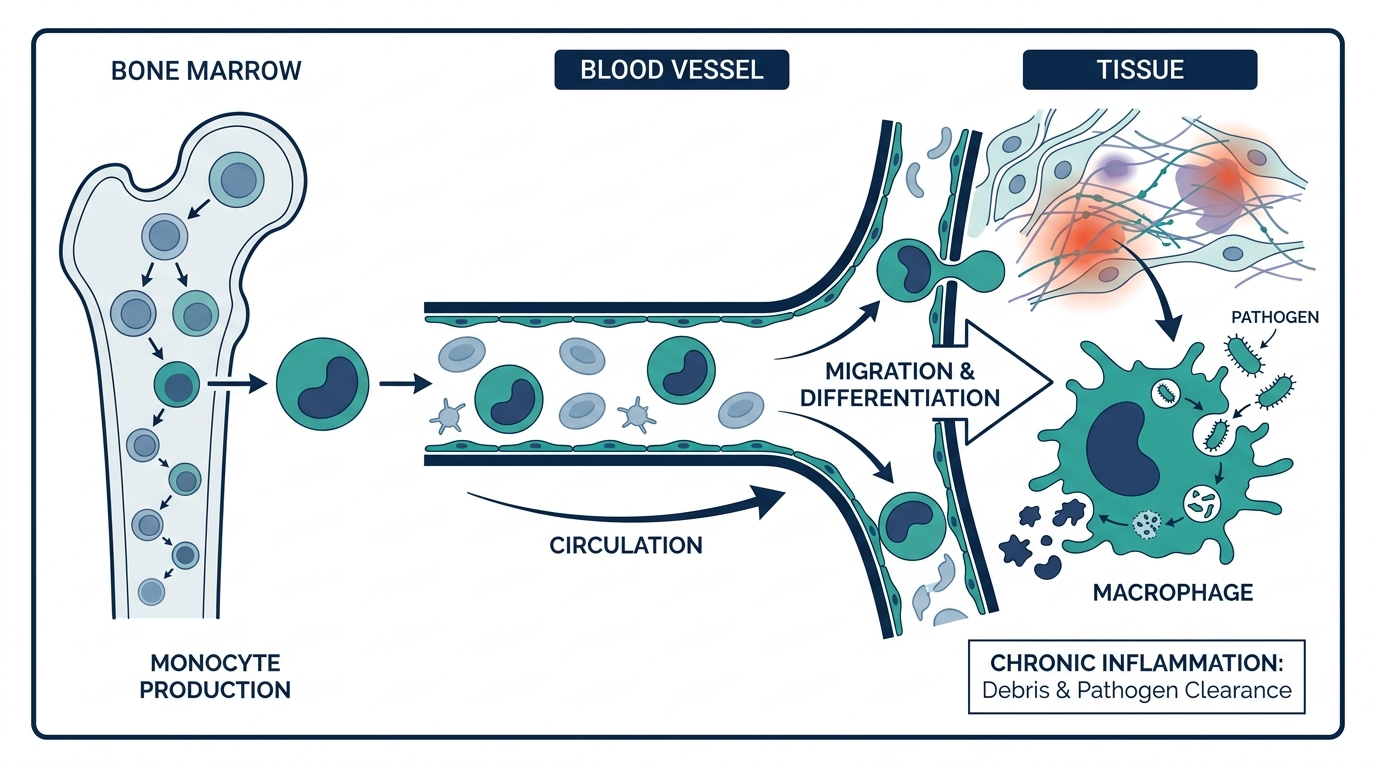 Diagram of monocyte formation in bone marrow and transformation into tissue macrophages