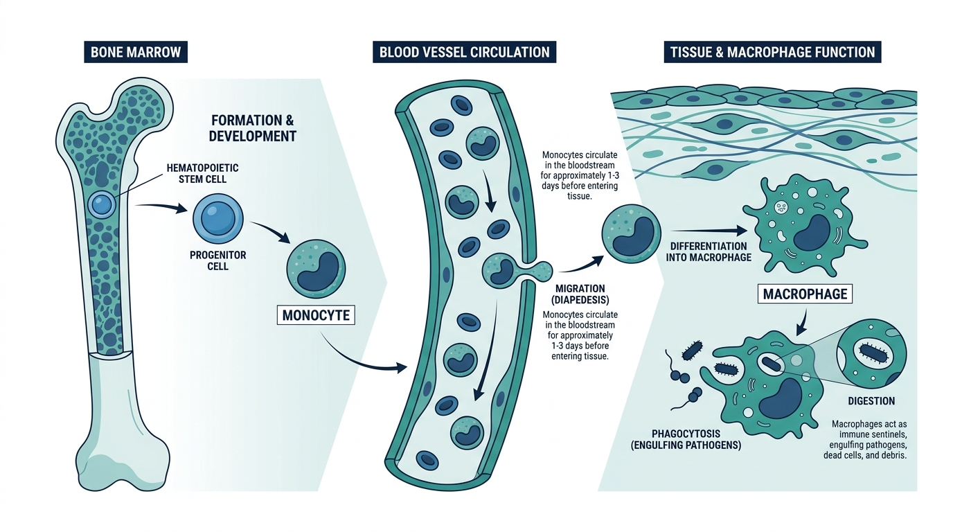 Diagram of monocyte formation in bone marrow and differentiation into a macrophage