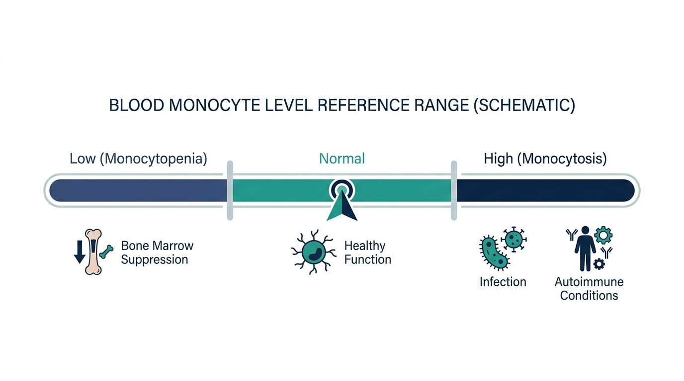 Reference range chart showing low, normal, and high monocyte level bands with related causes