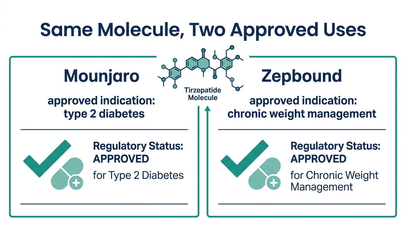 Chart comparing Mounjaro, approved for type 2 diabetes, and Zepbound, approved for chronic weight management, as the same tirzepatide molecule