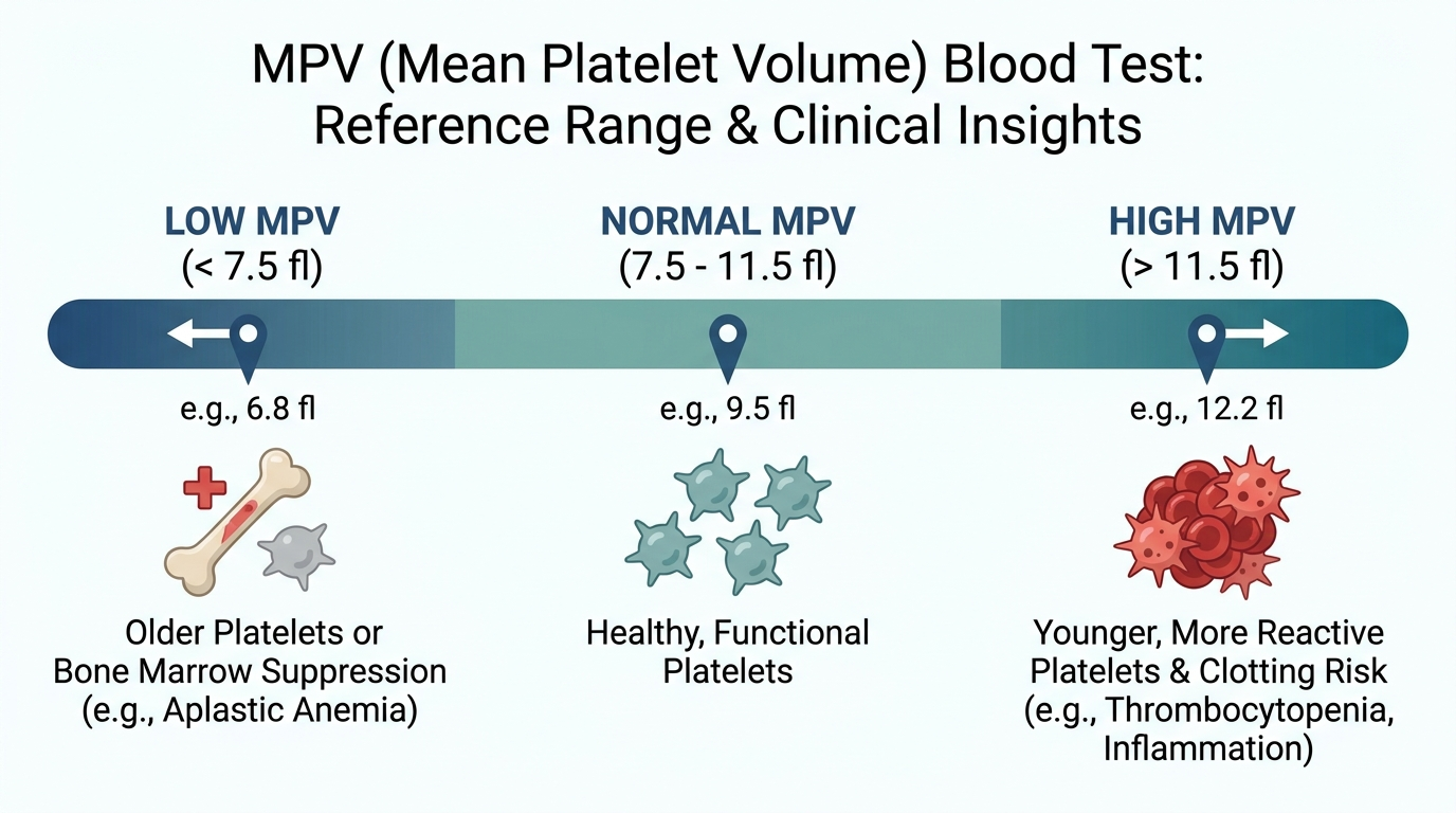Schematic chart of MPV reference range bands showing low, normal, and high zones and their clinical meaning