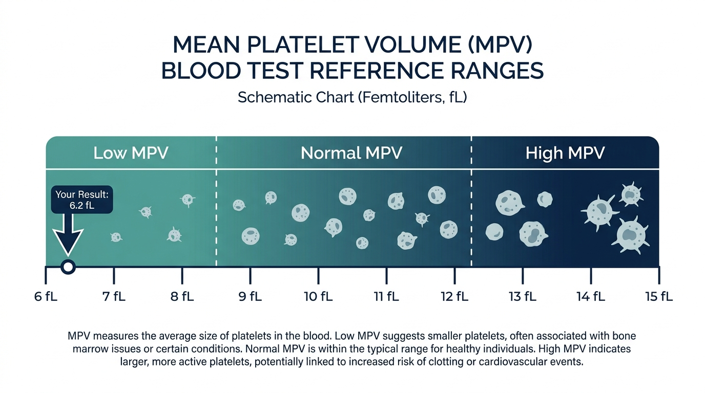 Reference range chart showing low, normal, and high bands for Mean Platelet Volume (MPV) blood test