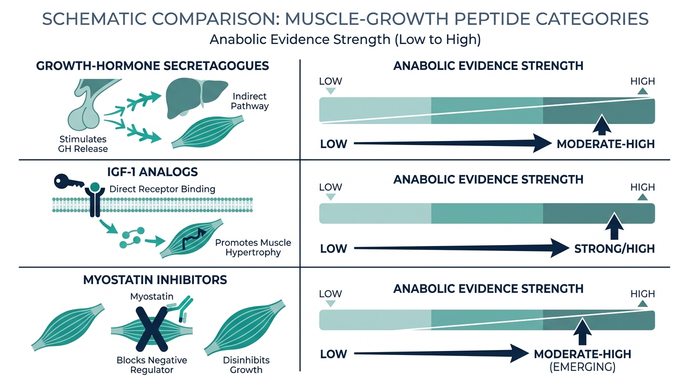 Schematic comparison chart of muscle-growth peptide categories by anabolic evidence strength