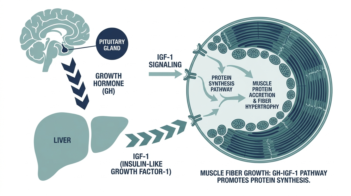 Diagram of the growth hormone-IGF-1 signaling pathway from pituitary gland to muscle protein synthesis