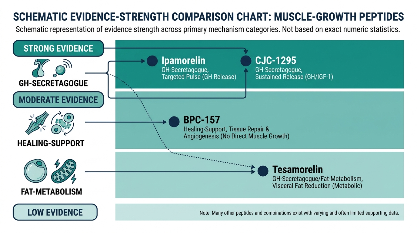 Schematic chart comparing evidence strength for common muscle-growth peptides by mechanism category