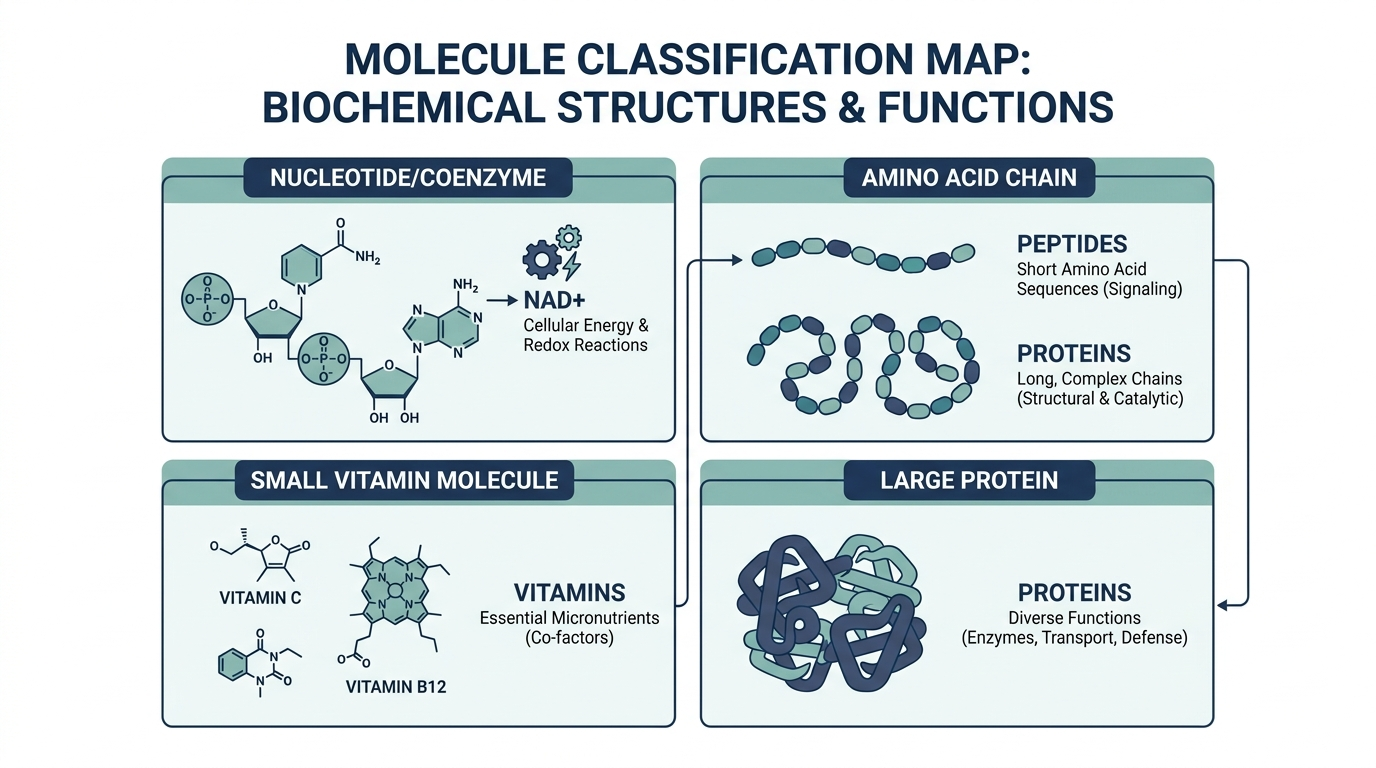 Schematic map classifying NAD+, peptides, vitamins, and proteins into distinct molecule categories
