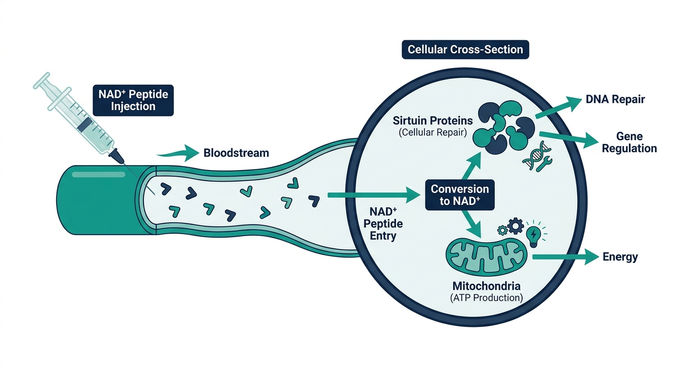 Diagram of NAD+ peptide cellular mechanism showing conversion into NAD+ that fuels mitochondria and activates sirtuin repair proteins