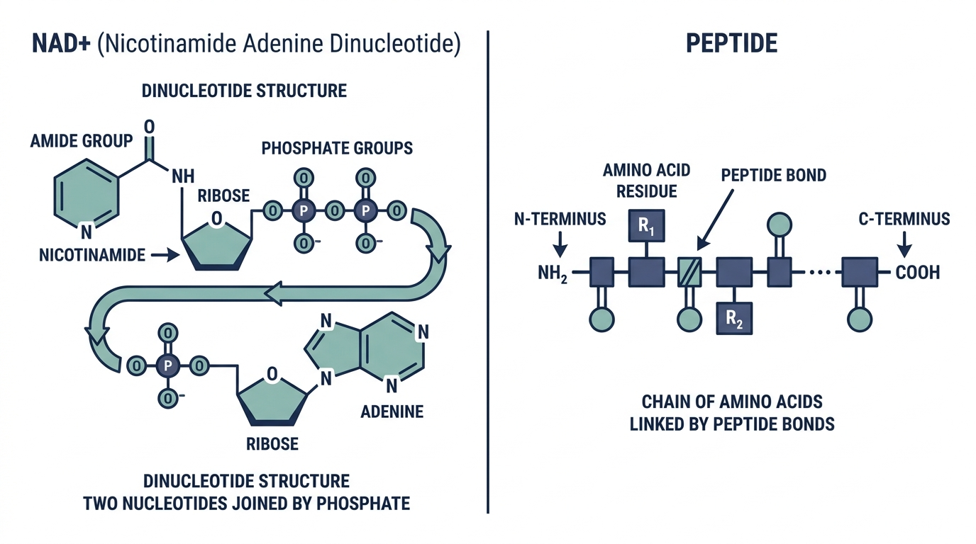 Diagram comparing the molecular structure of NAD+ to the amino acid chain structure of a peptide