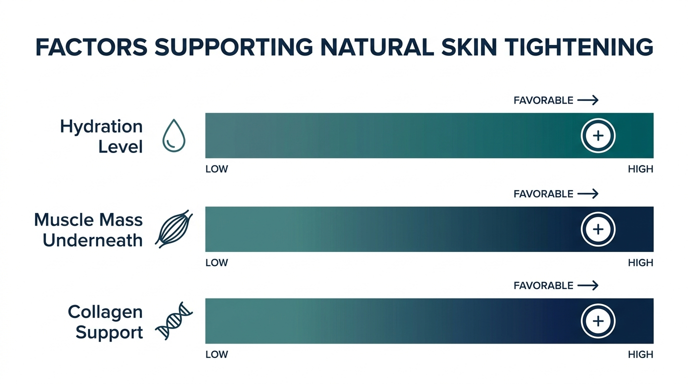 Schematic chart of hydration level, muscle mass, and collagen support bars trending toward favorable high positions