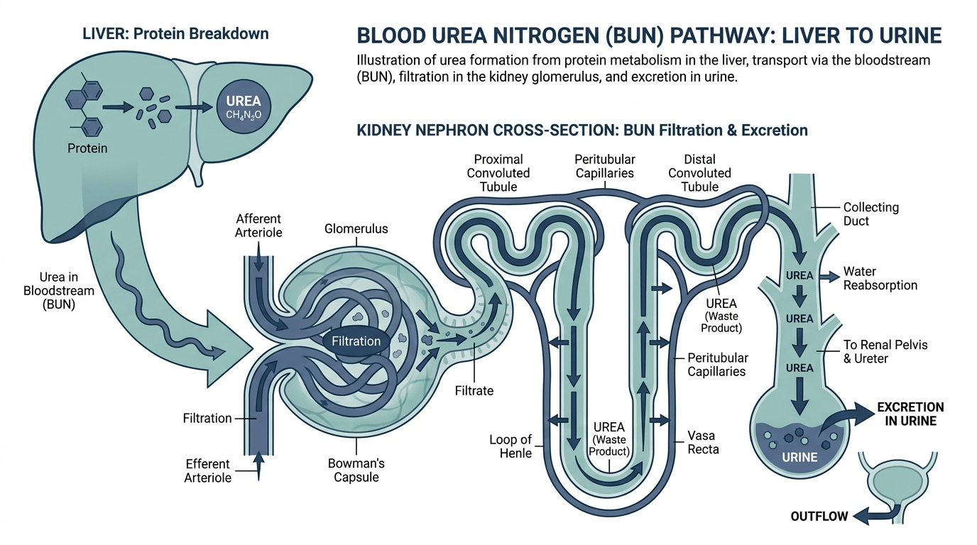 Diagram of a kidney nephron filtering urea from the bloodstream into urine, illustrating the blood urea nitrogen pathway