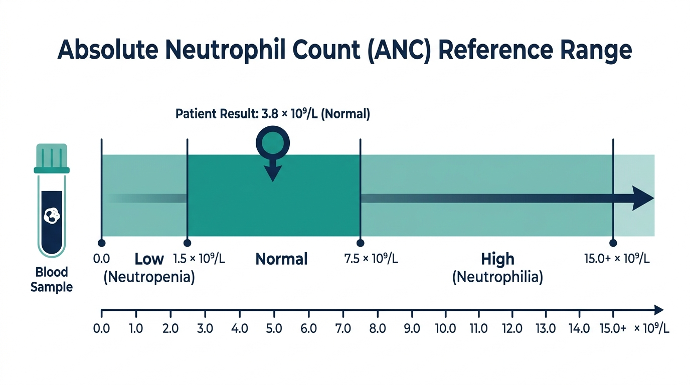 Reference range chart showing low, normal, and high absolute neutrophil count