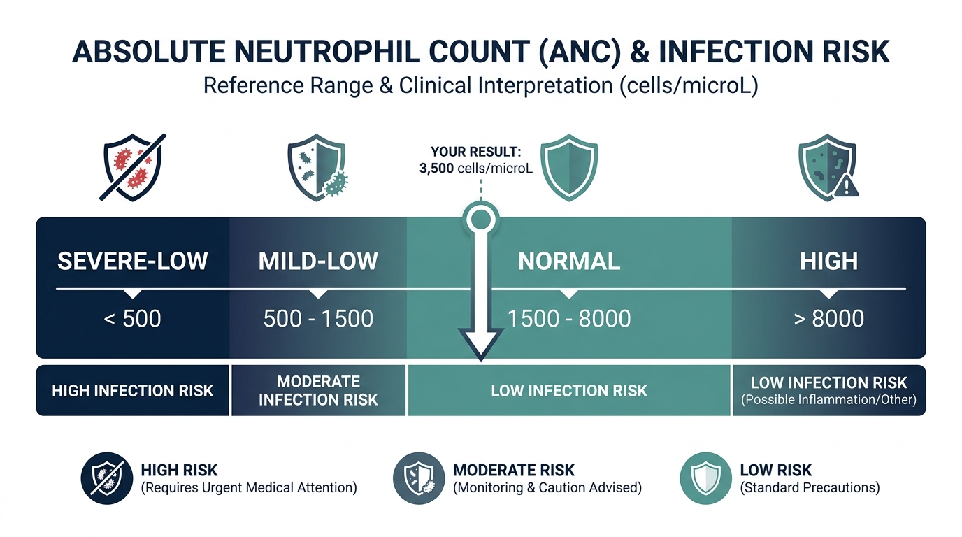 Reference range chart showing severe-low, mild-low, normal, and high bands for Absolute Neutrophil Count with infection risk levels