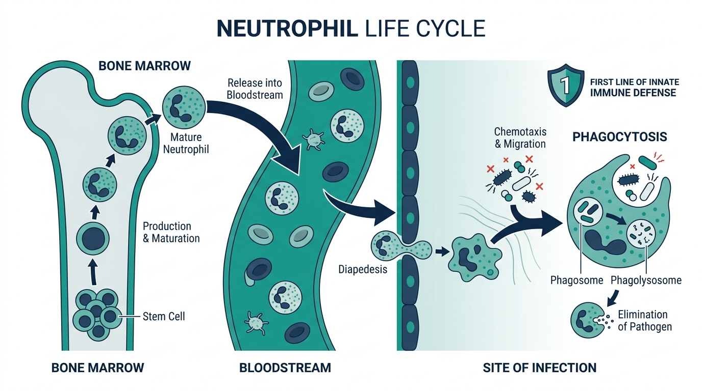 Diagram of the neutrophil life cycle from bone marrow production to migration and phagocytosis at an infection site