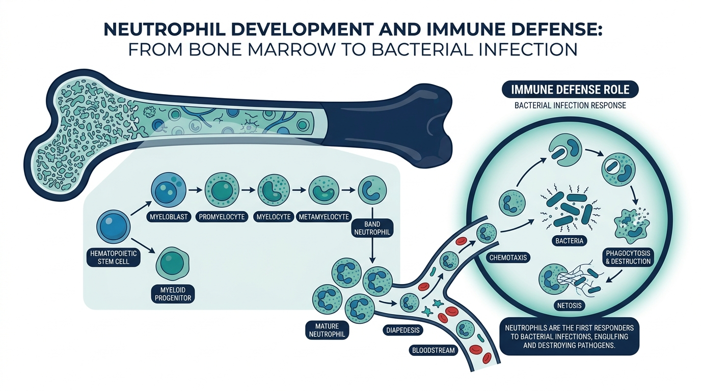 Diagram of bone marrow producing and maturing neutrophils that move into the bloodstream to fight bacterial infection