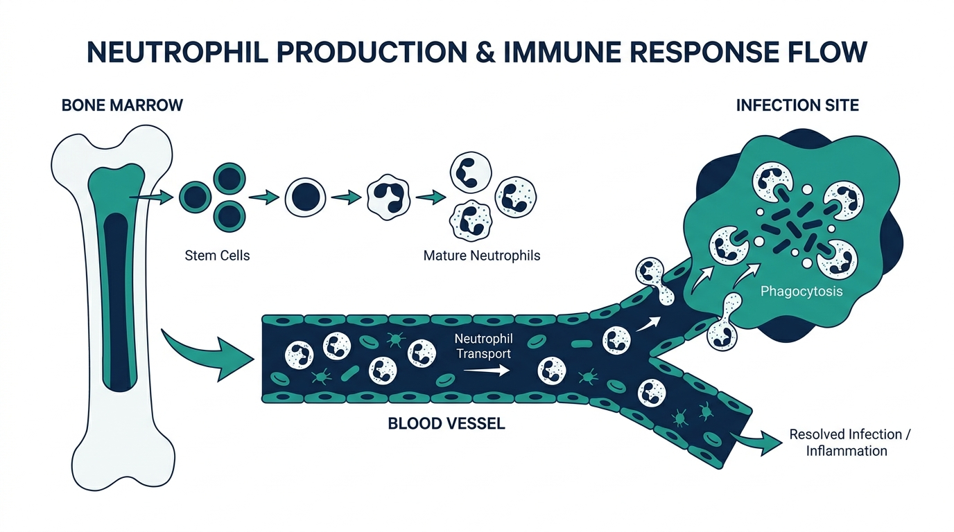 Diagram of neutrophil production in bone marrow and their role fighting infection