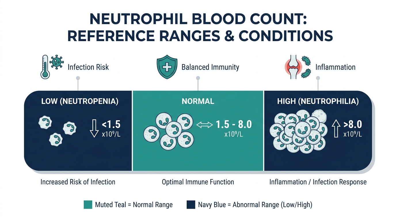 Schematic reference range chart for neutrophil count showing neutropenia, normal, and neutrophilia bands