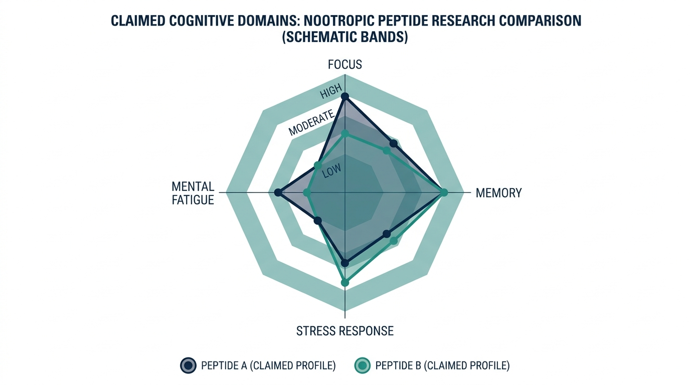 Radar chart of claimed cognitive domains for nootropic peptide research including focus, memory, stress response, and mental fatigue