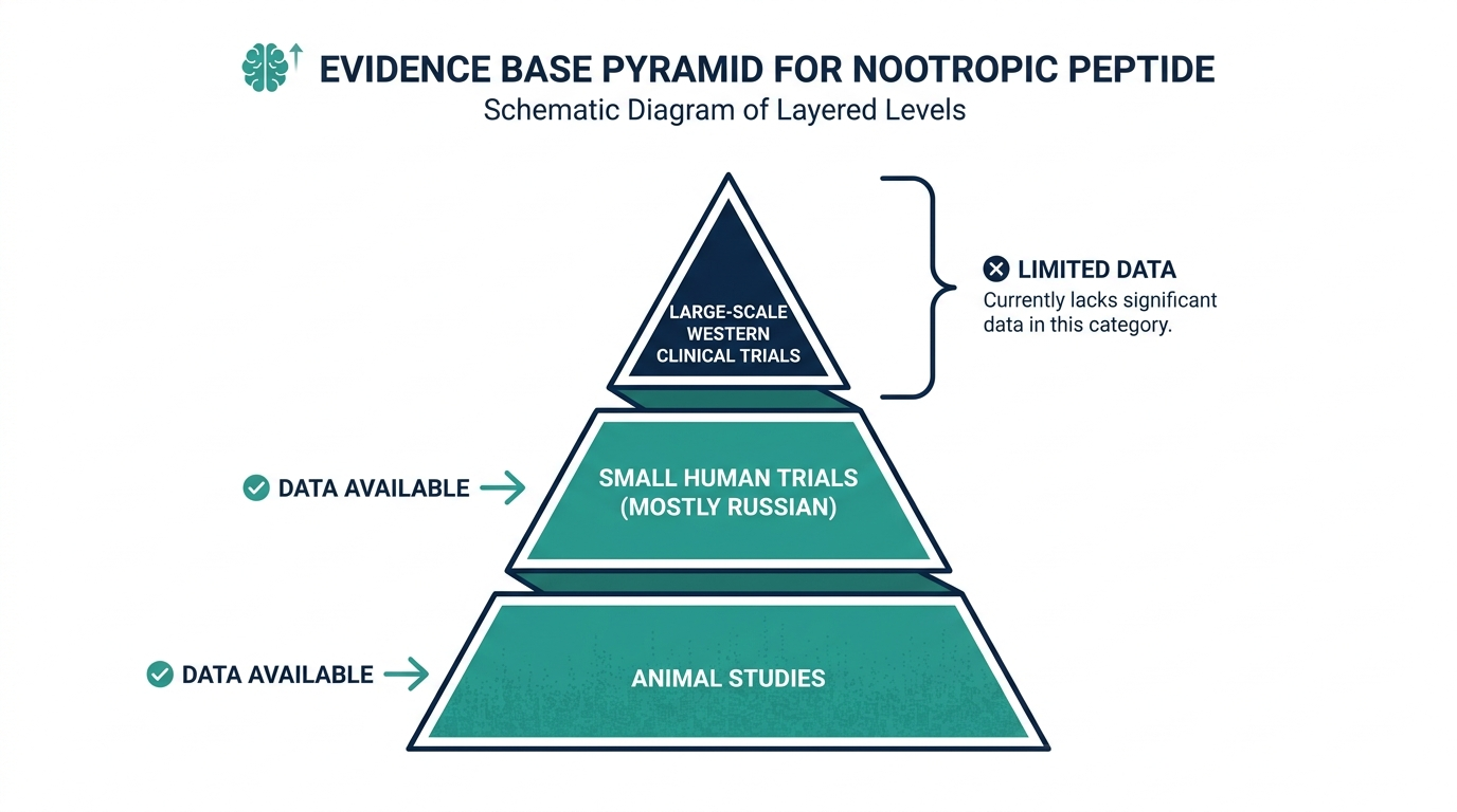 Evidence pyramid chart showing research levels for a nootropic peptide from animal studies to large-scale Western trials