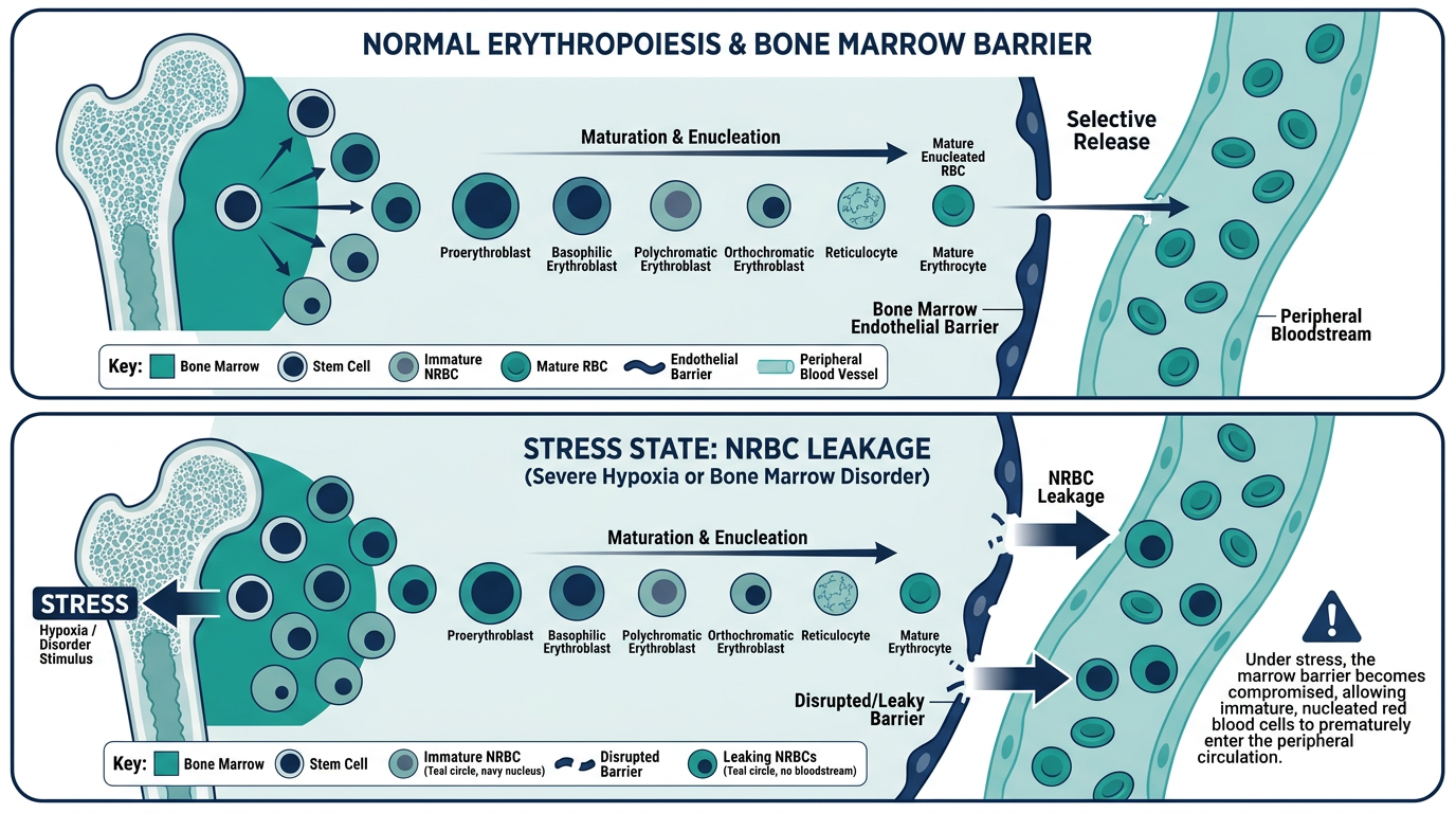 Diagram of bone marrow erythropoiesis showing nucleated red blood cells normally staying in marrow versus leaking into blood under stress