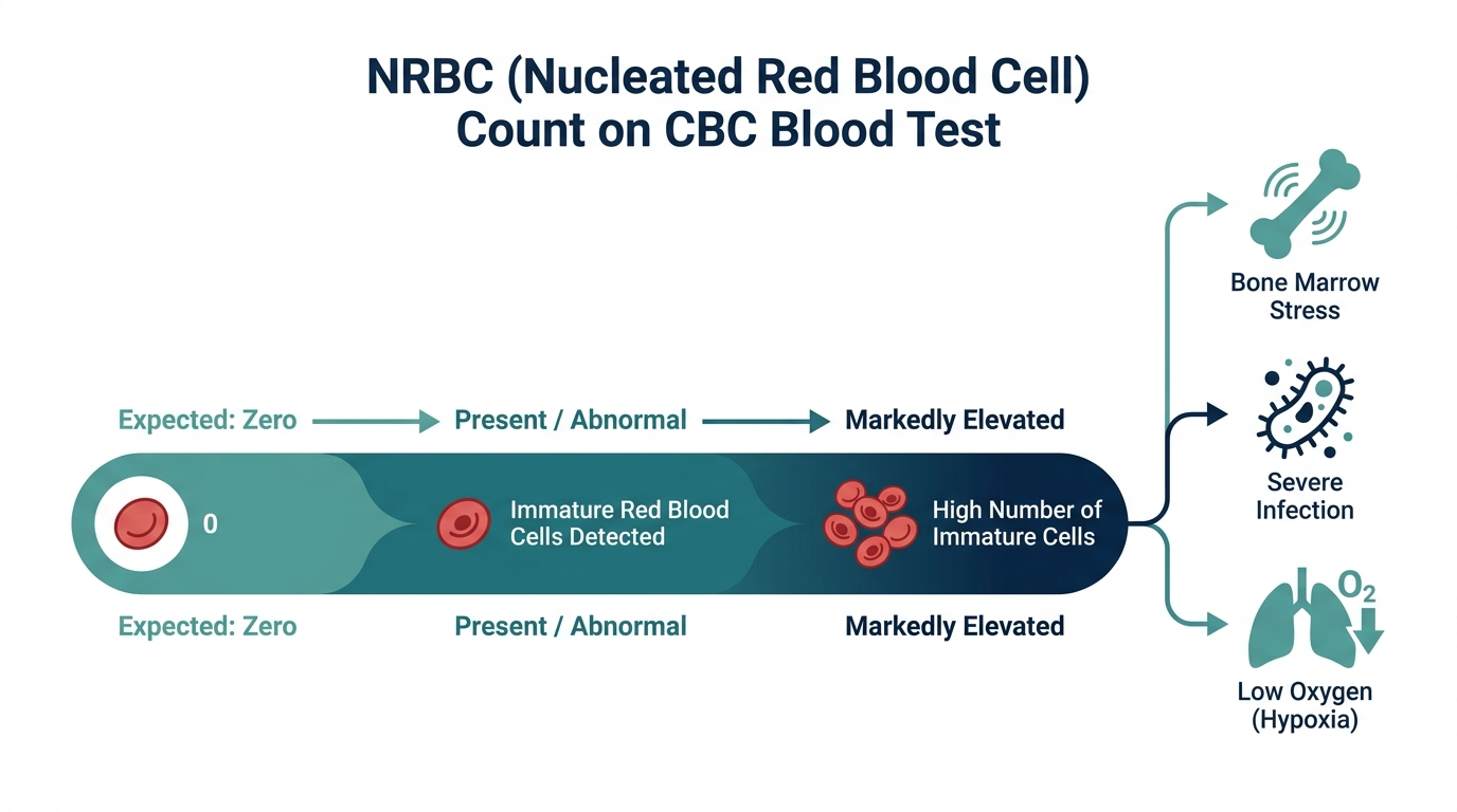 Schematic gauge chart showing NRBC count from expected zero through abnormal and markedly elevated bands with possible causes