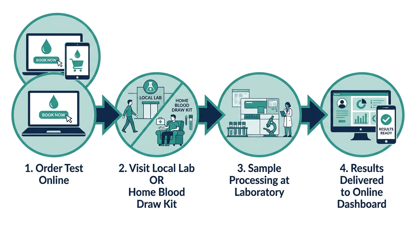 Four-stage workflow diagram of getting a blood panel online: order test, sample collection, lab processing, online results dashboard
