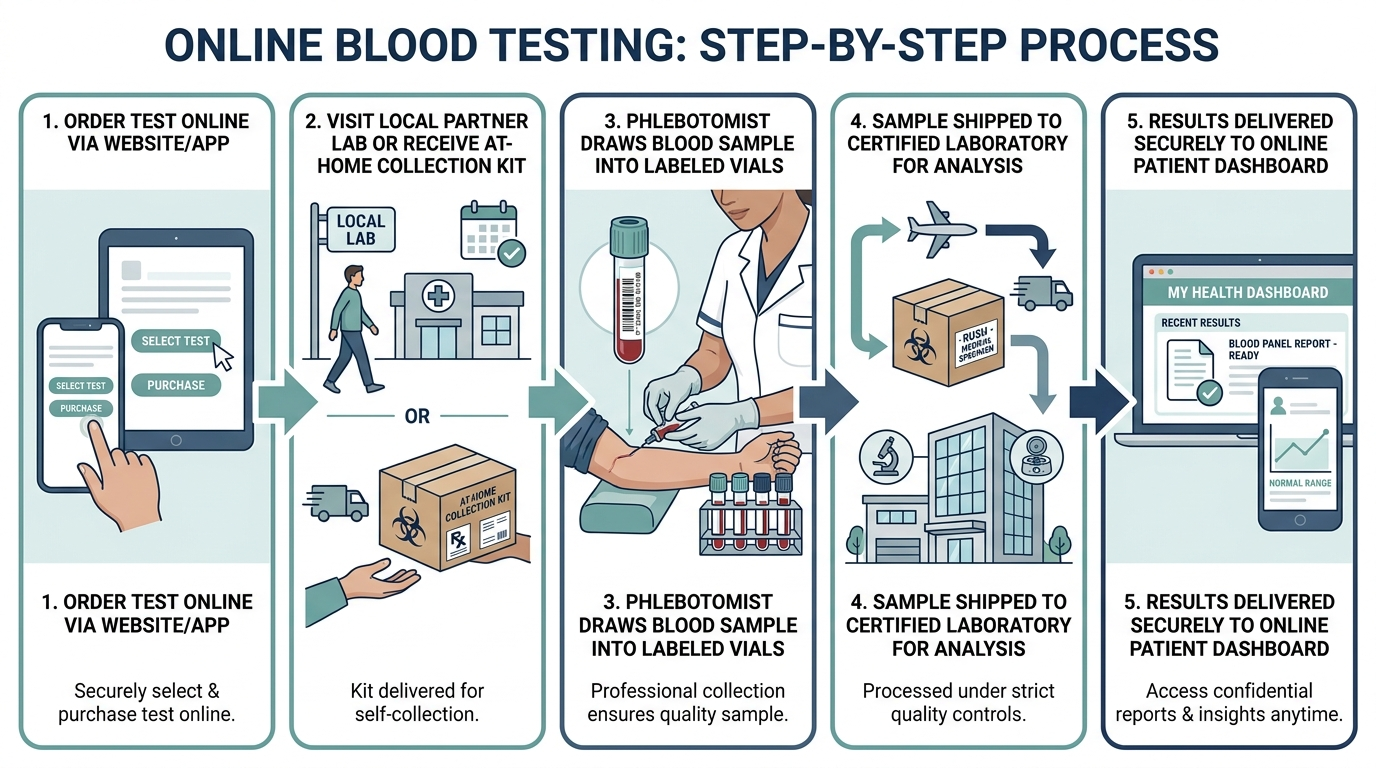 Diagram showing the five-step process of ordering a blood test online, from ordering the test to receiving results on a dashboard