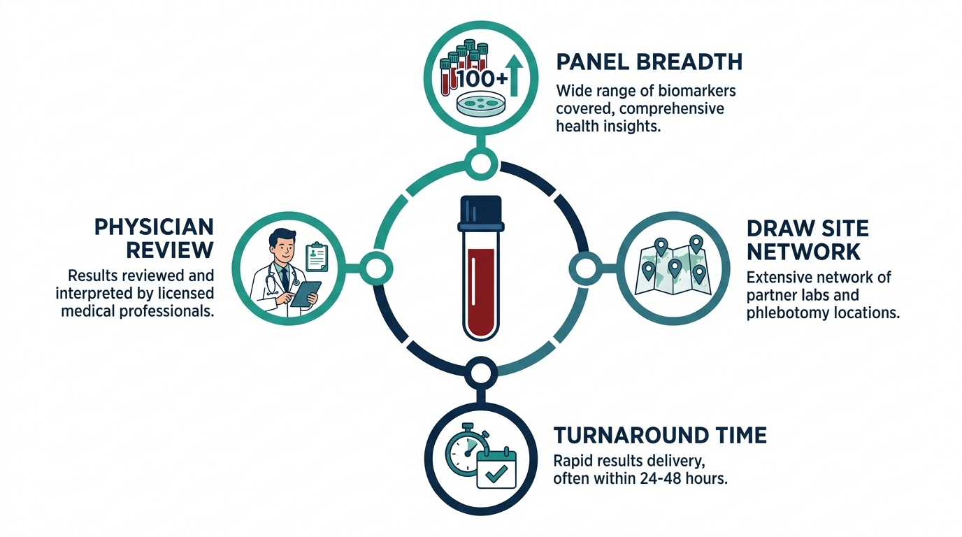 Wheel diagram showing four factors that differentiate online blood test services: panel breadth, draw site network, turnaround time, physician review