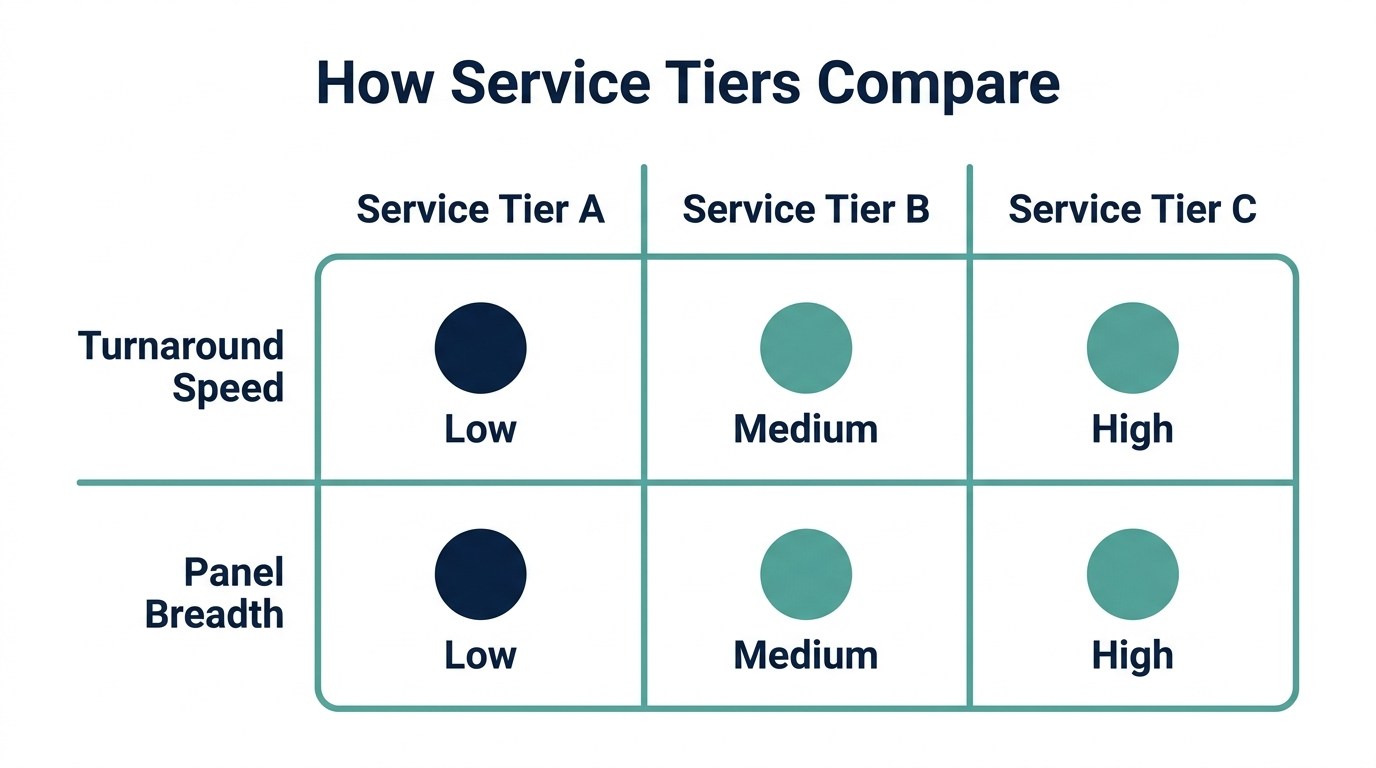 Grid chart rating three anonymized service tiers on turnaround speed and panel breadth using low, medium, high ratings