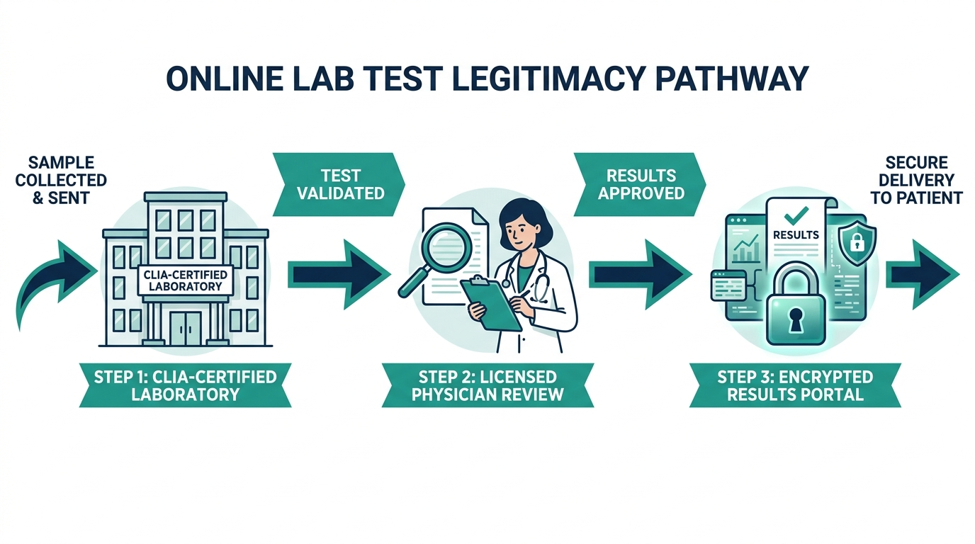 Chain diagram showing a CLIA-certified lab, licensed physician review, and encrypted results portal linked in sequence
