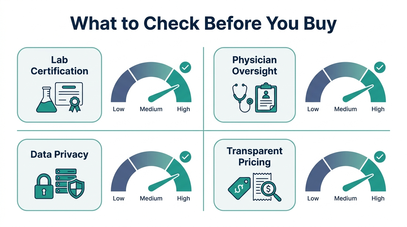 Chart rating lab certification, physician oversight, data privacy, and transparent pricing on a low-to-high trust scale