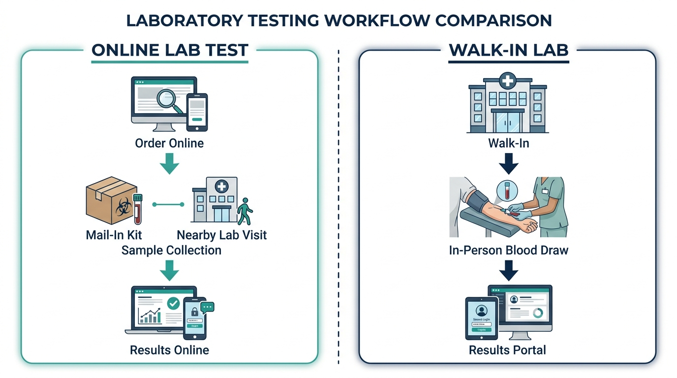 Split flow diagram comparing an online lab test workflow with a walk-in lab workflow