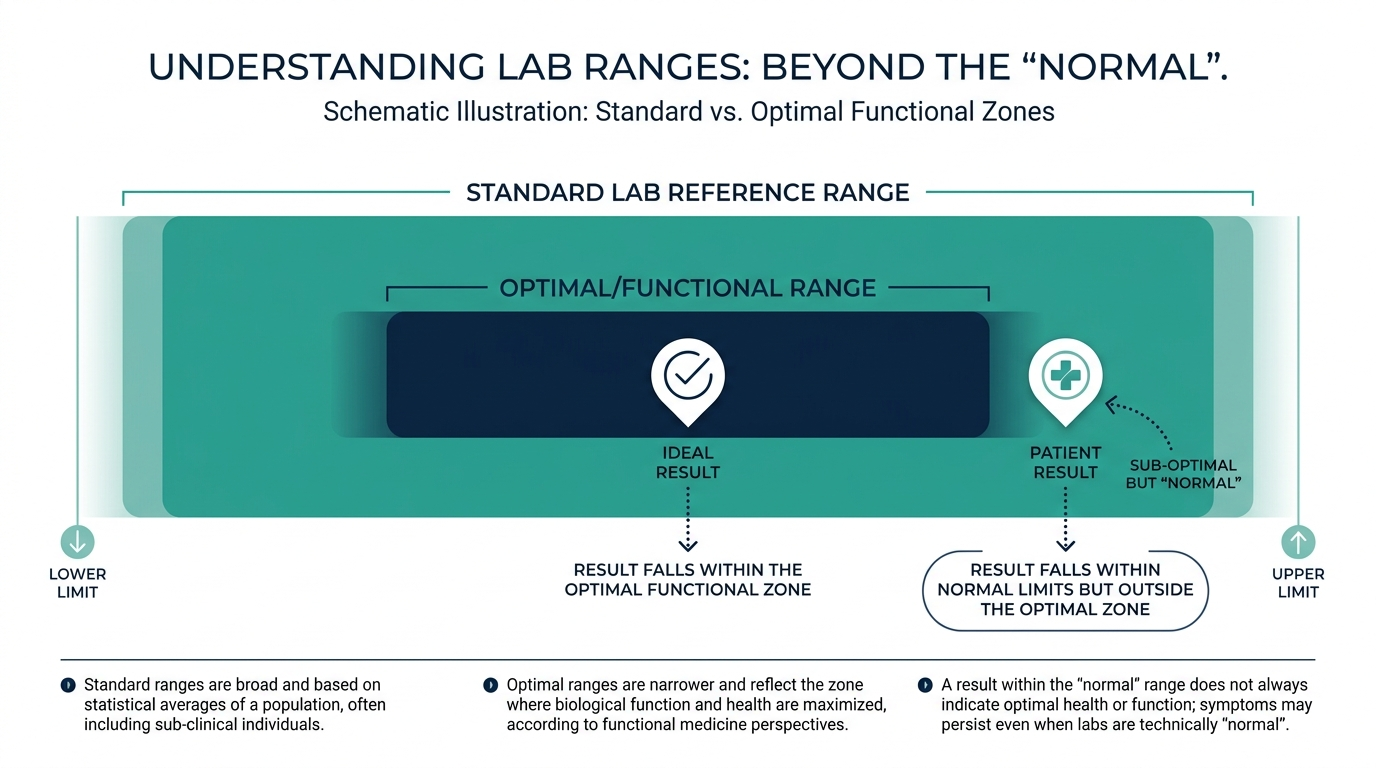 Nested band chart showing a narrower optimal range inside the wider standard lab reference range