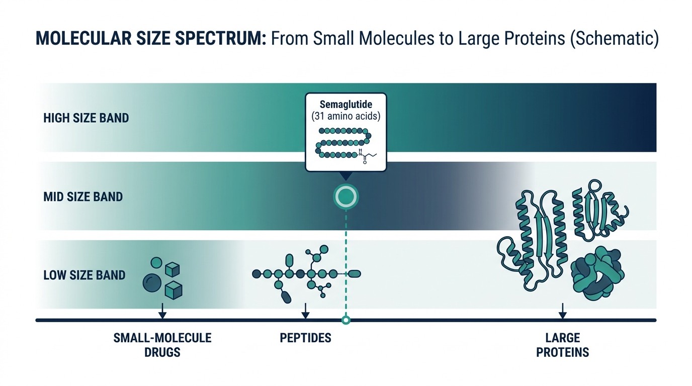 Schematic chart placing semaglutide on a spectrum from small molecule to peptide to protein