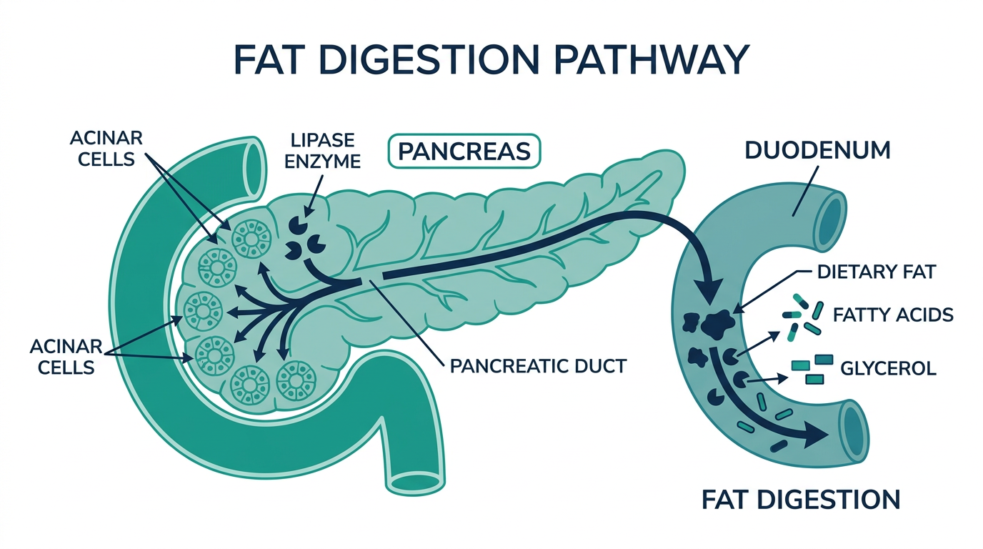 Diagram of the pancreas showing acinar cells producing lipase and its pathway through the pancreatic duct into the duodenum for fat digestion