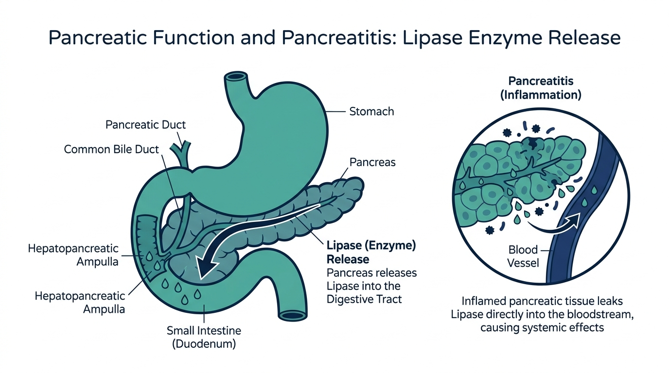 Anatomical diagram of the pancreas releasing lipase into the digestive tract, with inset of inflamed pancreatic tissue