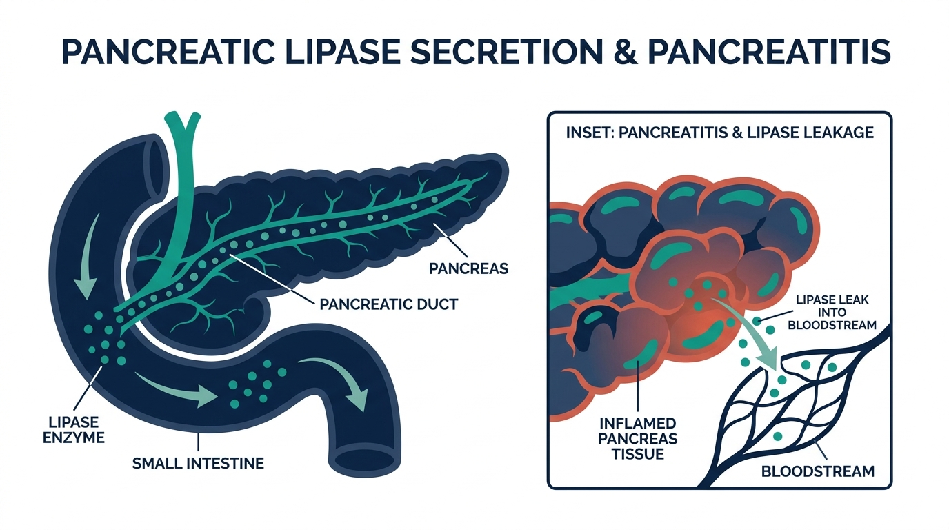 Anatomical diagram of the pancreas secreting lipase into the small intestine with an inset of inflamed pancreas tissue