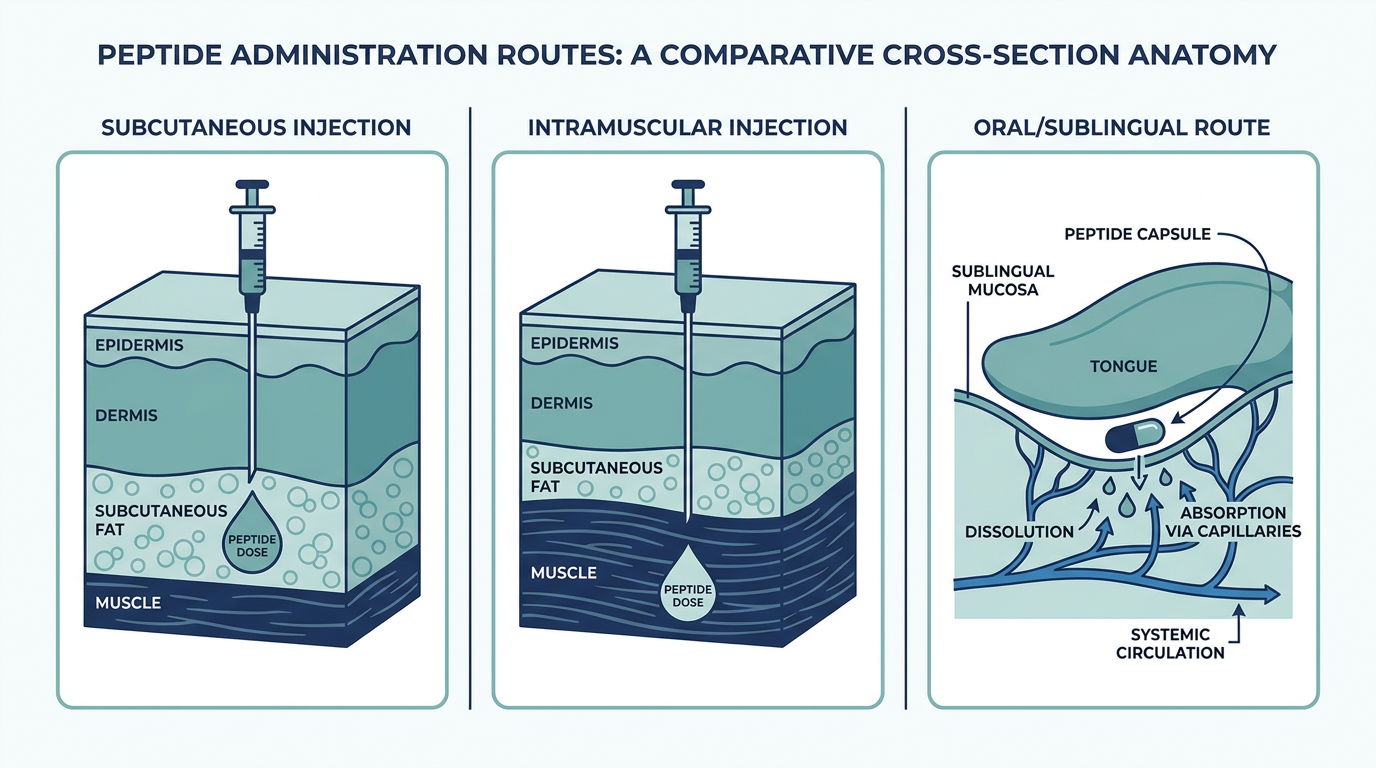 Cross-section anatomy diagram comparing subcutaneous, intramuscular, and oral peptide administration routes through skin layers