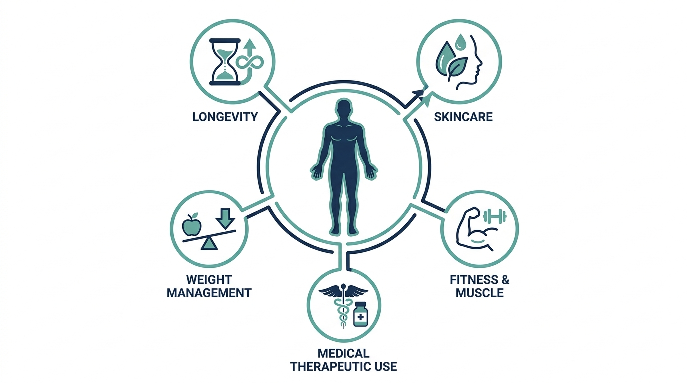 Radial hub diagram of a body silhouette with five peptide application categories: skincare, fitness, weight management, longevity, medical therapeutic use