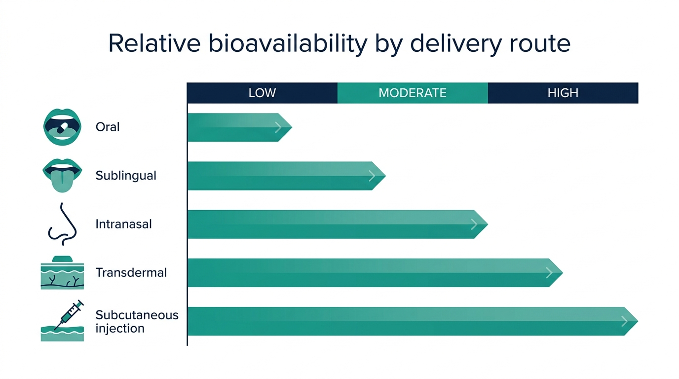 Chart comparing relative bioavailability bands across oral, sublingual, intranasal, transdermal, and subcutaneous injection delivery routes