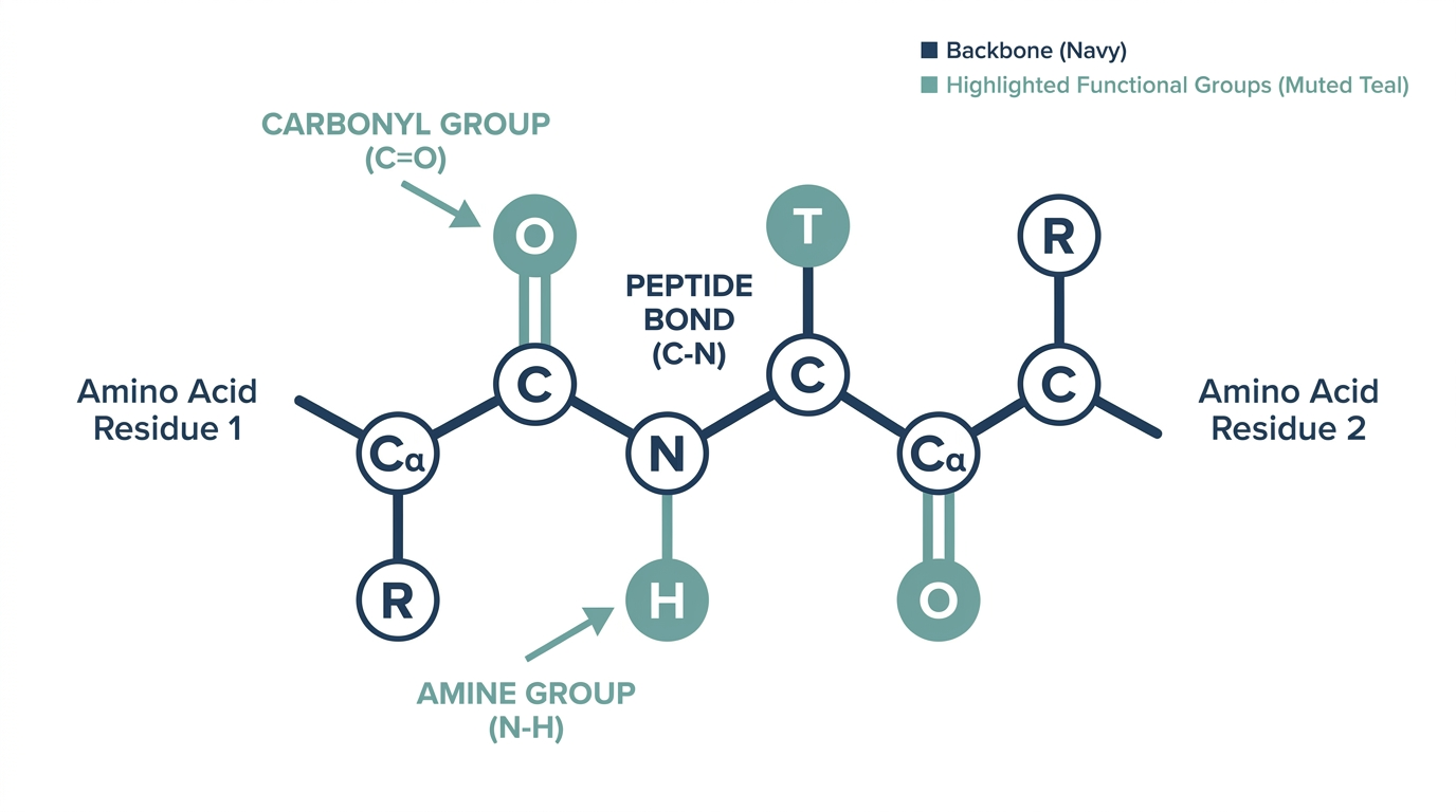 Close-up chemistry diagram of a single peptide bond showing the carbon-nitrogen linkage between amino acids