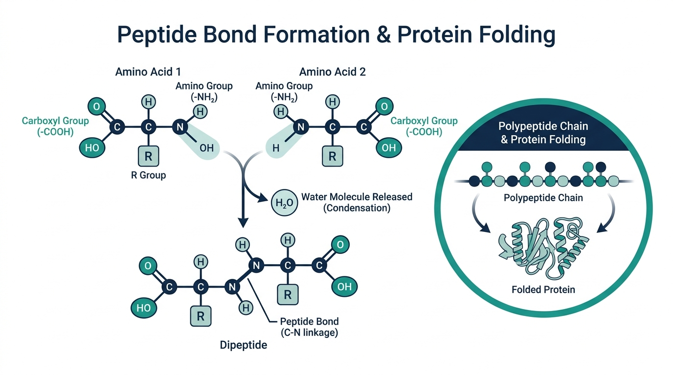 Molecular diagram showing peptide bond formation between two amino acids through a condensation reaction releasing water