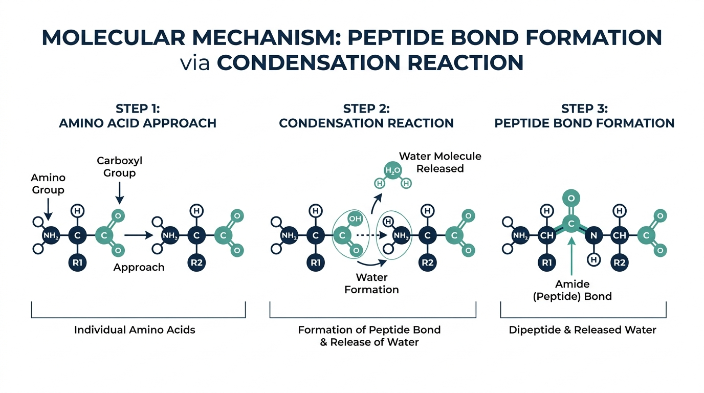 Molecular diagram of the condensation reaction that forms a peptide bond between two amino acids, releasing water