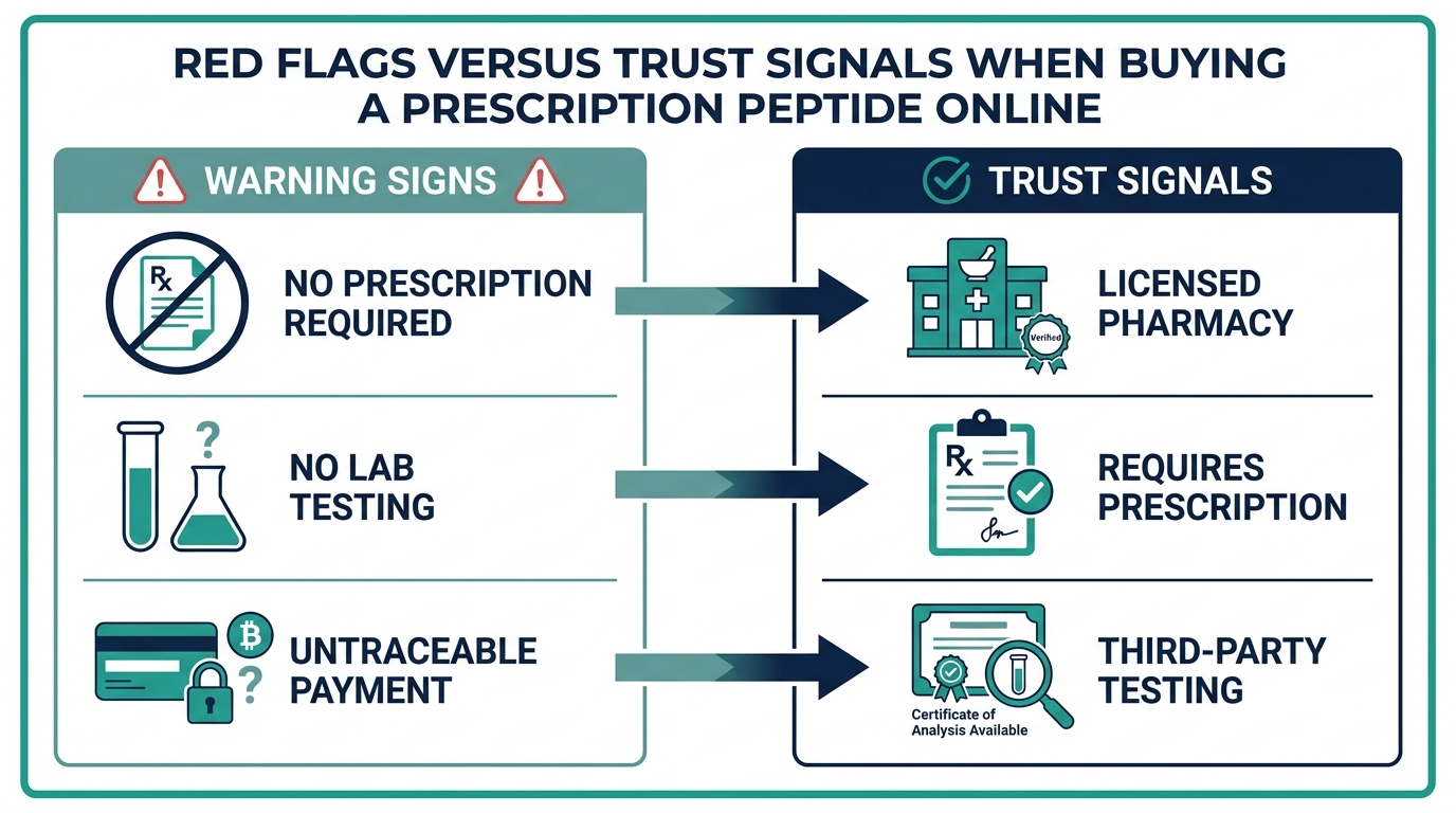 Chart comparing red flags versus trust signals when buying a prescription peptide online