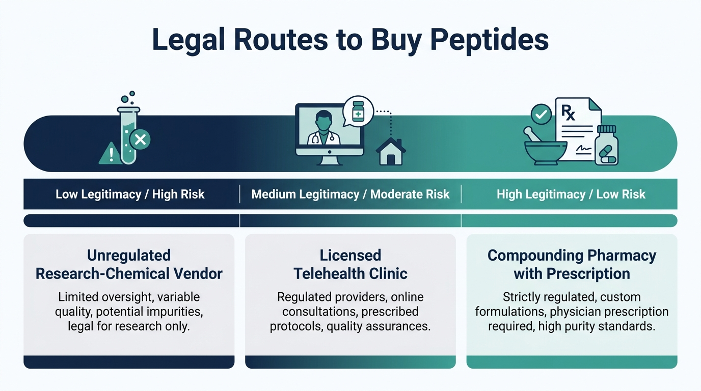 Schematic spectrum chart comparing legal routes to buy peptides by legitimacy and risk