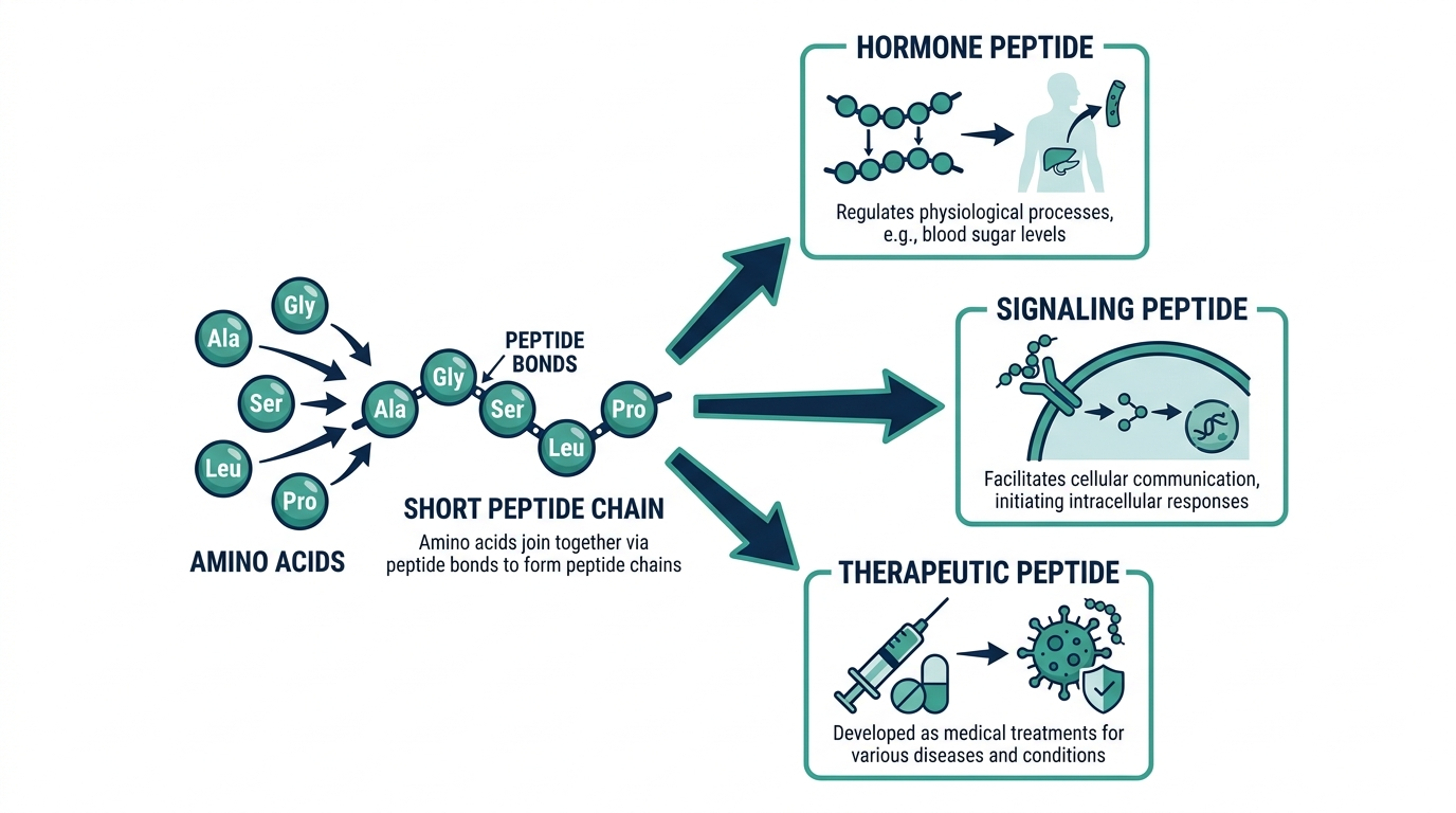 Diagram of a peptide chain branching into hormone peptide, signaling peptide, and therapeutic peptide categories