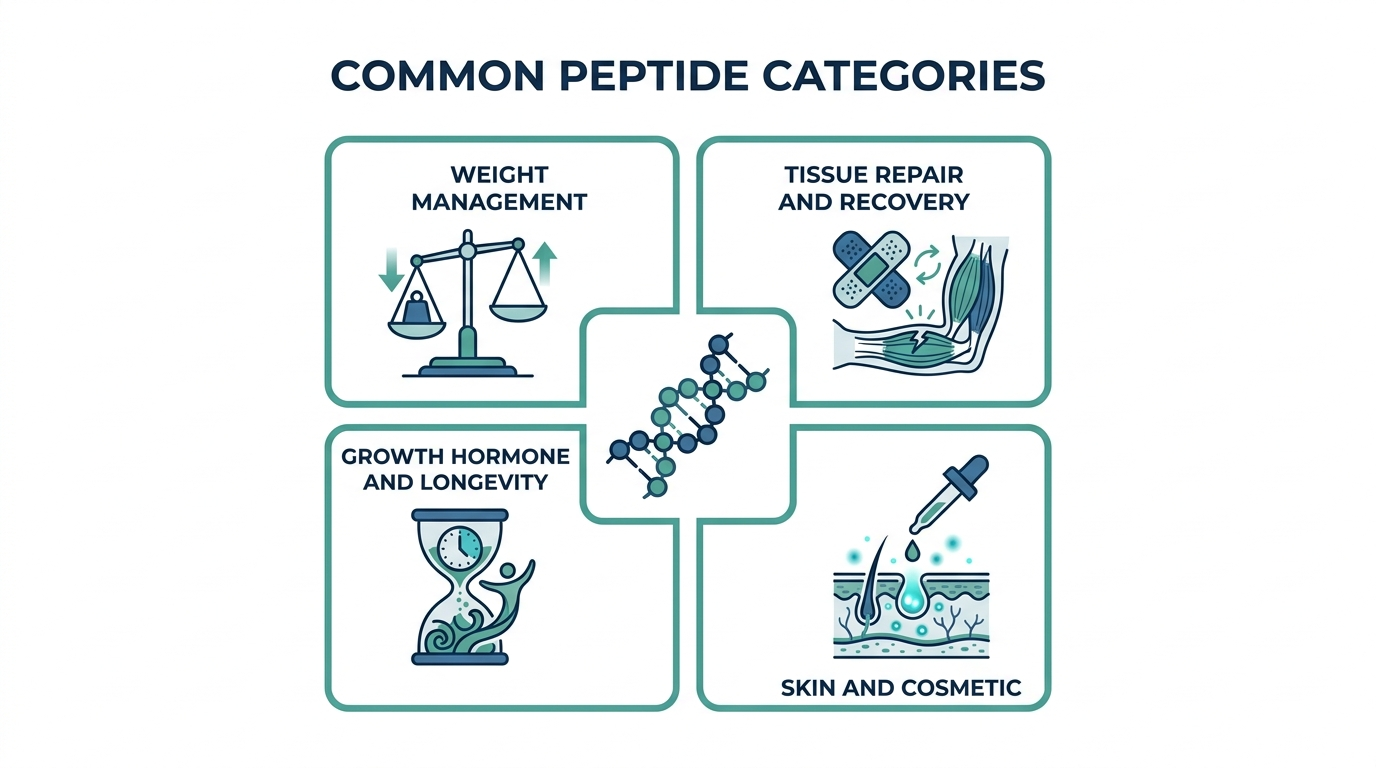 Grid diagram of common peptide categories including weight management, tissue repair, growth hormone longevity, and skin cosmetic use