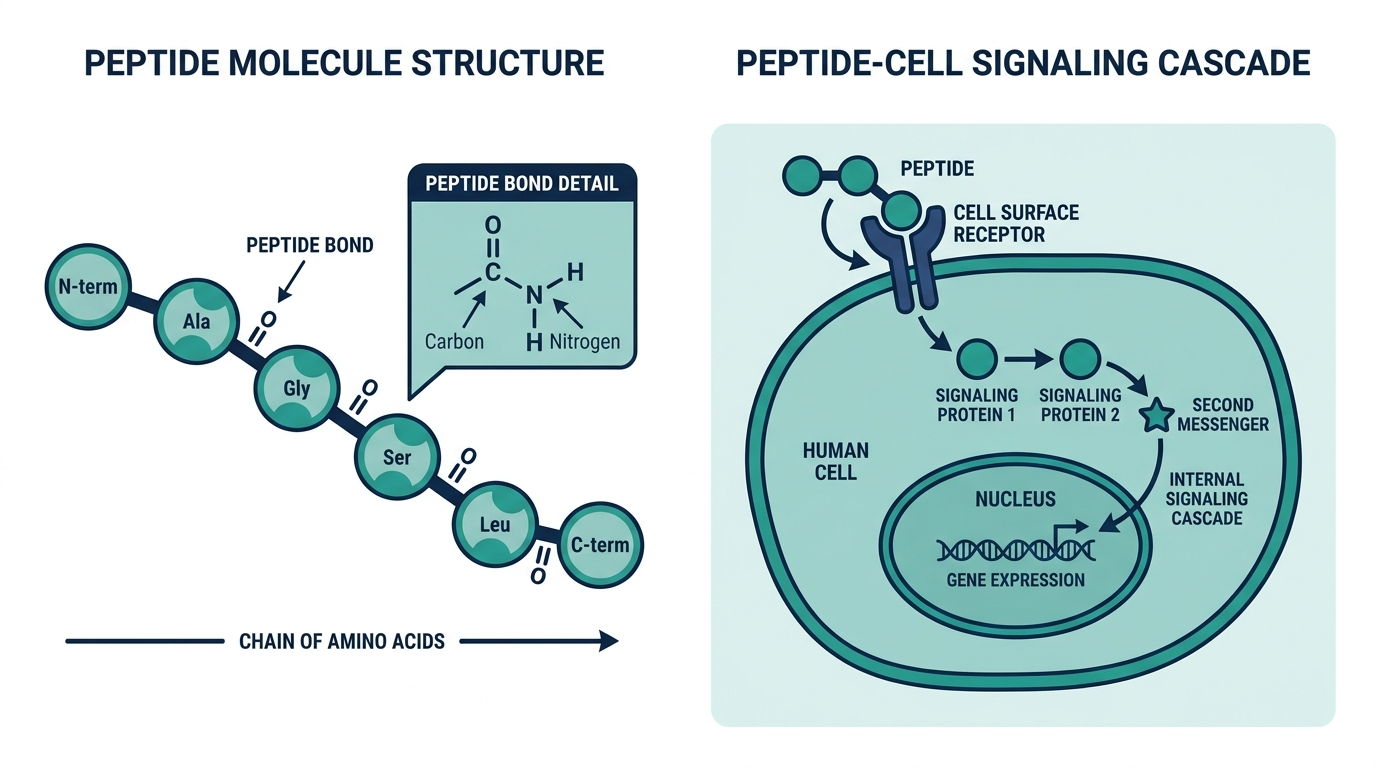 Diagram of a peptide amino acid chain binding to a cell surface receptor and triggering an internal signaling cascade