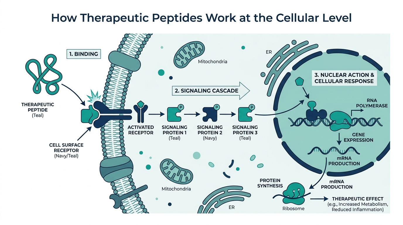 Diagram of a therapeutic peptide binding to a cell surface receptor and triggering an intracellular signaling cascade into the nucleus