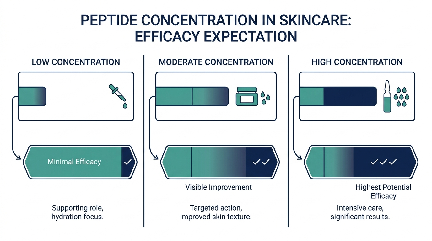 Schematic chart comparing low, moderate, and high peptide concentration levels in skincare formulations against expected efficacy
